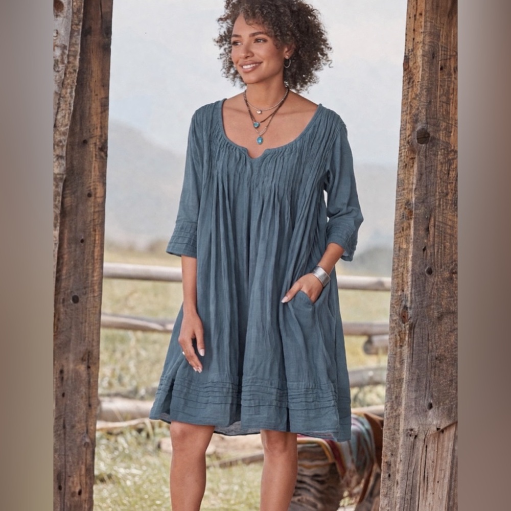 Sundance JP & Mattie Pintuck Dress Small Boho Cottagecore Blue Gauze Mini